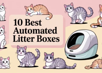A group of playful cartoon cats circles a sleek litter box, highlighting "10 Best Automated Litter Boxes" on a pink backdrop.