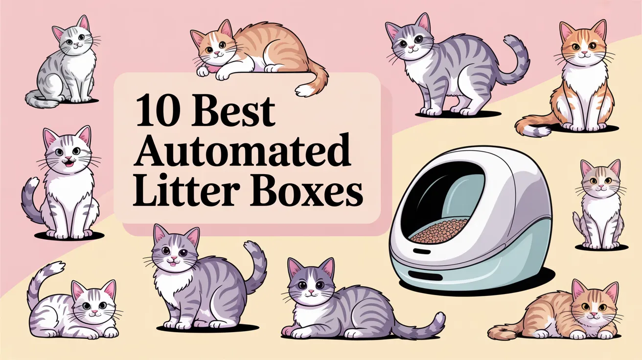 A group of playful cartoon cats circles a sleek litter box, highlighting "10 Best Automated Litter Boxes" on a pink backdrop.