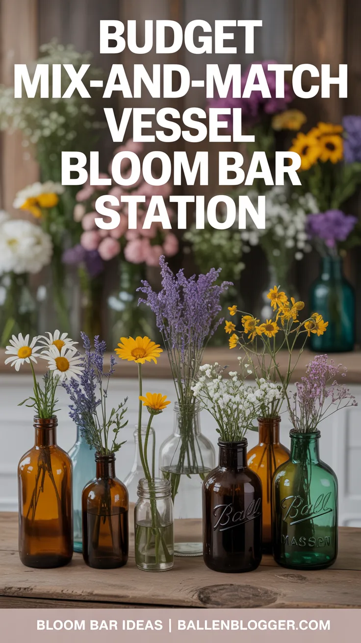 Hosting a stunning bloom bar doesn't have to break the bank. In fact, some of the most charming setups are born from resourcefulness. Idea number eight is the Budget Mix-and-Match Vessel Bar, an eclectic and cost-saving approach that’s packed with personality.