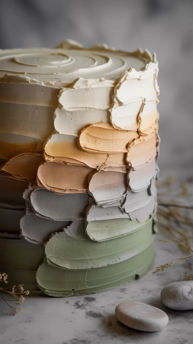 A tall plaster cake with rich, textured frosting in earthy tones sits on marble, accented by pebbles and dried flowers—a chic choice.