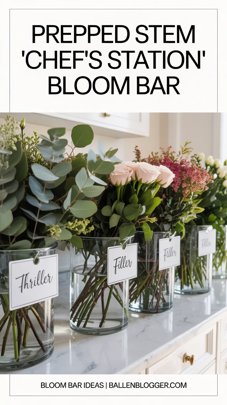 One of the biggest hurdles for a DIY bloom bar can be the mess and the intimidation factor for guests who've never arranged flowers before. Our seventh idea, the Prepped Stem "Chef's Station" Hack, is a game-changer that solves both problems, making your bloom bar ridiculously easy for everyone.