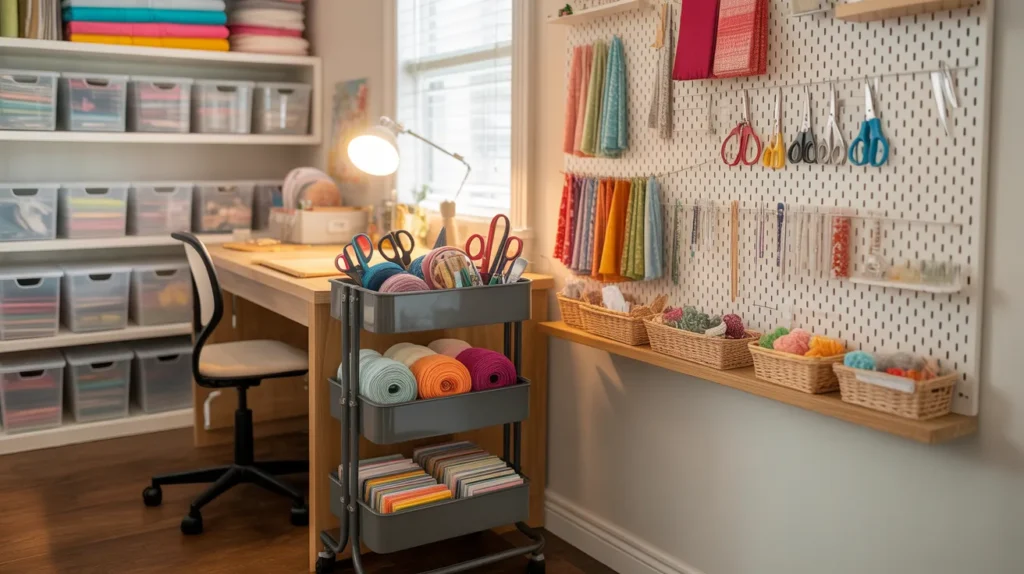 An inviting craft room showcases a well-lit desk, pegboard of tools, tidy shelves of fabric, a stocked rolling cart, and a cozy chair.