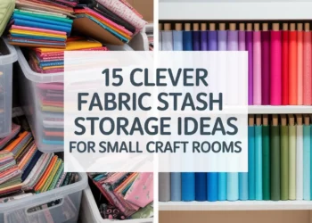 Folded fabric fills plastic bins to the left, rainbow shelves to the right. Title: 15 smart ways to maximize fabric storage in tight spaces.