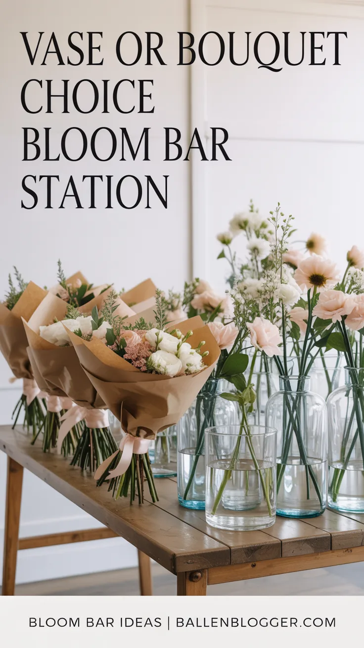The concept is simple: at your bloom bar, you offer two paths. Path one is the traditional bouquet wrap. You’ll have your kraft paper, ribbons, and everything we just discussed. Path two is a vase arrangement. For this, you’ll provide a selection of small, pre-filled vases that guests can arrange their flowers in directly.