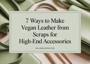 A display with “7 Ways to Make Vegan Leather for High-End Accessories” in front of chic pastel green handbags with gold handles.