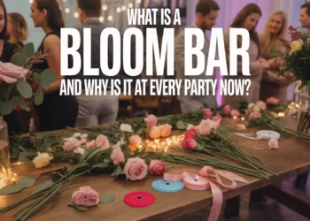 Friends gather around a table brimming with blooms, ribbons, and decorations. Bold text asks: What's behind the Bloom Bar trend?.