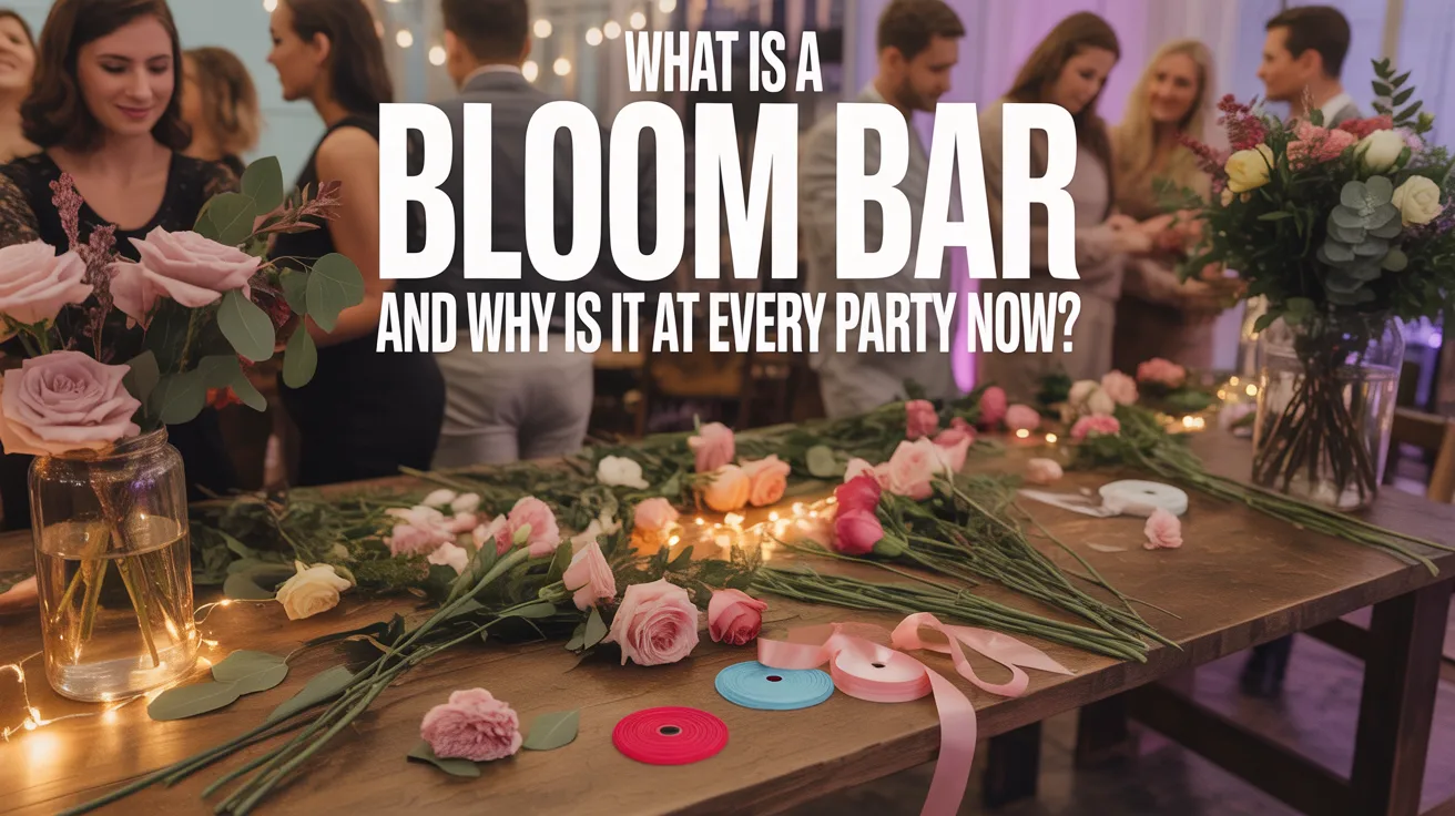 Friends gather around a table brimming with blooms, ribbons, and decorations. Bold text asks: What's behind the Bloom Bar trend?.