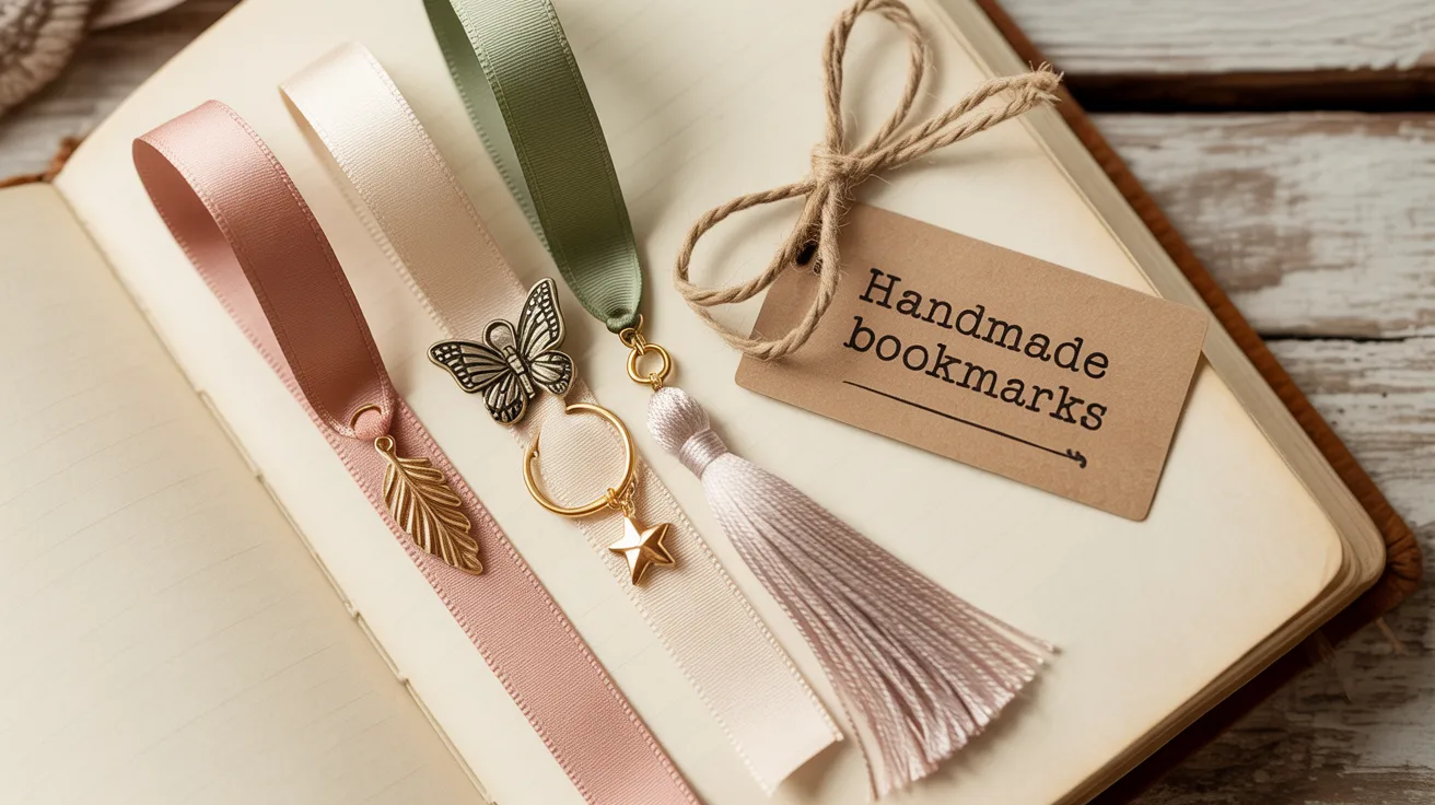 Three ribbon charm bookmarks—leaf, butterfly with ring and star, tassel—rest on an open notebook with a “Handmade bookmarks” tag.