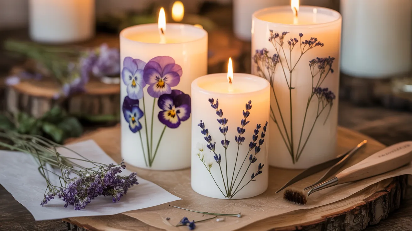 Lit pressed flower candles with white wax, purple blooms, and lavender rest on wood beside dried flowers, evoking handmade warmth.