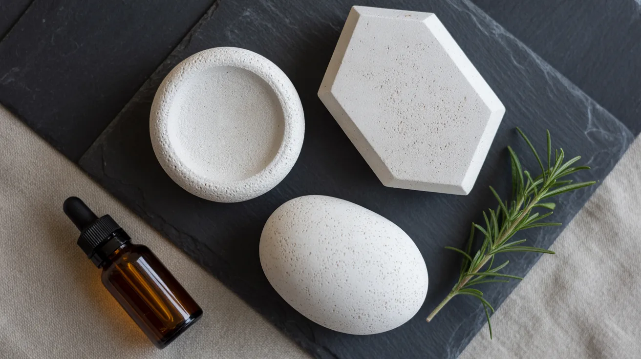 A dropper bottle, three uniquely shaped white aroma stones, and rosemary sit on black and beige textures—perfect DIY gift inspo.