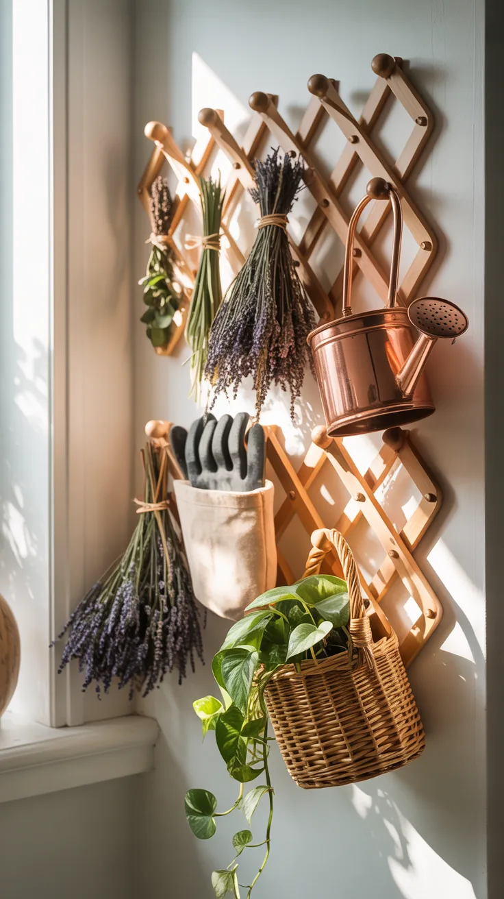 A sunlit botanical peg board holds dried lavender, a copper watering can, garden gloves, herbs, and a wicker basket with greenery.