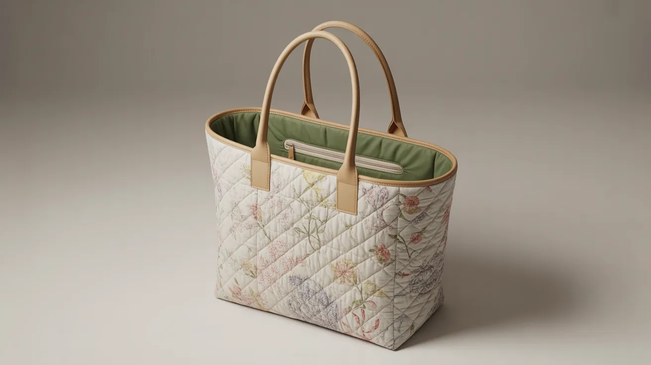 Handcrafted for Mother’s Day: a canvas tote featuring light tan straps, soft pastel blooms, and an olive interior with zip pocket.