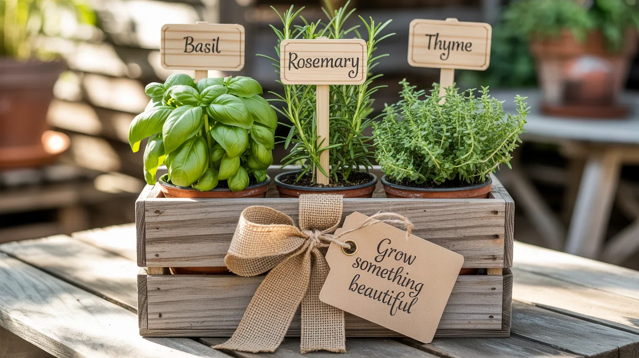 A wooden crate labeled “Grow something beautiful” holds basil, rosemary, and thyme, a cheerful gift ready for Mother’s Day.
