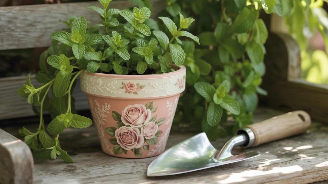 A mint plant in a pink, rose-painted pot sits on a wooden bench next to a trowel, surrounded by sunlit leaves—perfect for Mother's Day.