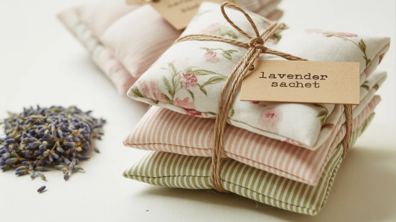 Three handcrafted lavender sachets, decorated with stripes and florals, are tied with twine and rest near loose lavender buds.