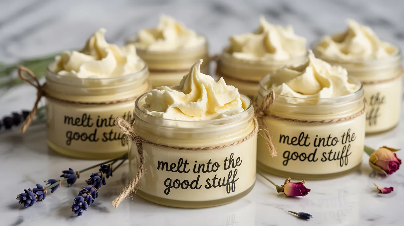 A set of five "melt into the good stuff" whipped body butters on marble, surrounded by lavender and dried roses—ideal gifts.