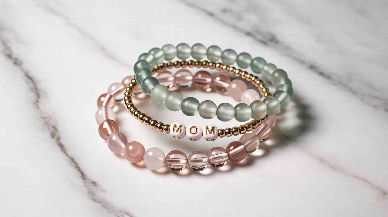 Handcrafted mom bracelets with gold, green, and pink-white letter beads on marble—ideal DIY Mother’s Day gift or easy craft.