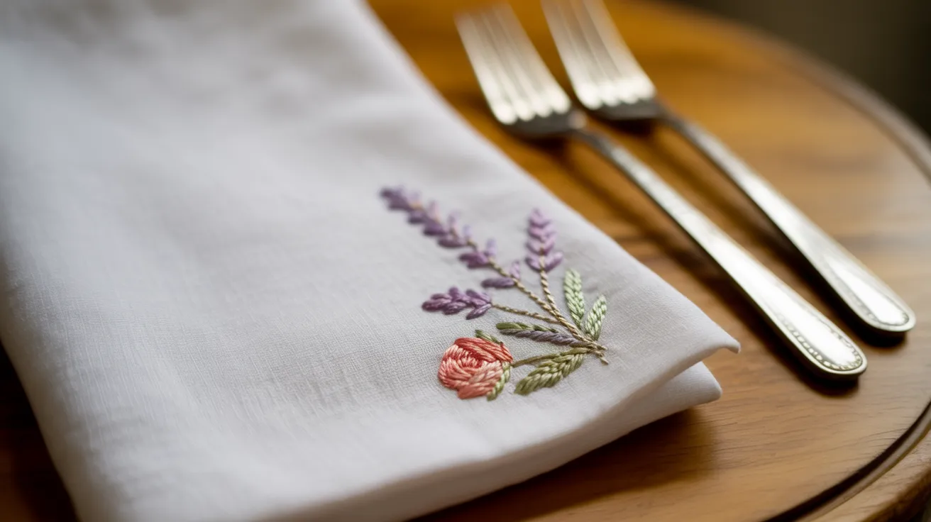A white linen napkin with colorful floral embroidery lies on a wood table next to silver forks—an ideal Mother’s Day gift idea.