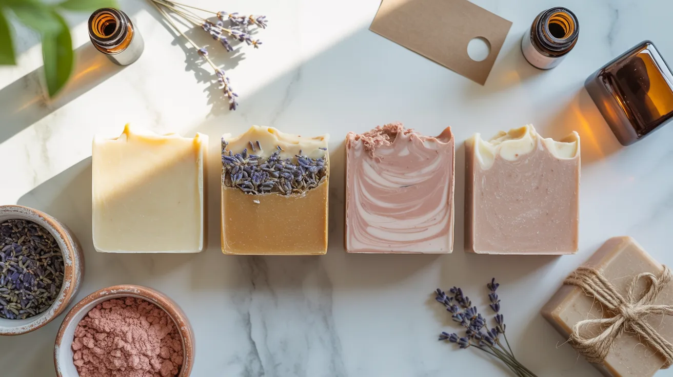 Handcrafted soap bars in earthy hues, adorned with swirls and lavender, rest on marble—perfect for Mother’s Day gifting.