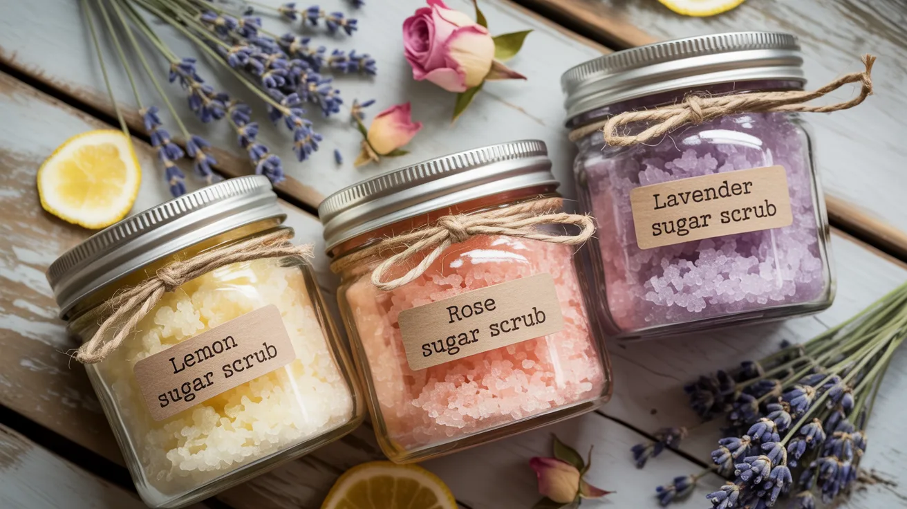 On rustic wood, lemon, rose, and lavender sugar scrubs in jars with twine sit among dried blooms and lemon slices—perfect DIY gifts.