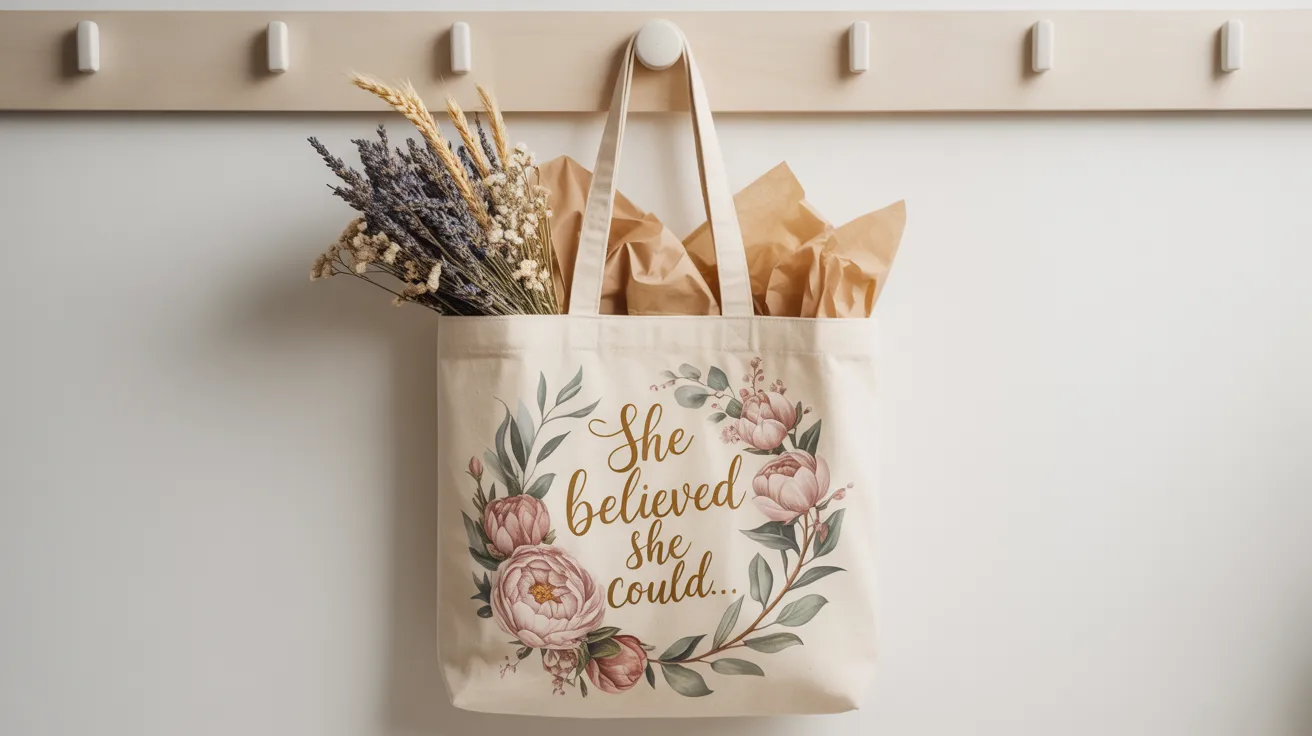 A tote bag filled with rustic paper parcels and dried blooms hangs on a hook—perfect for handmade Mother’s Day gift sellers.