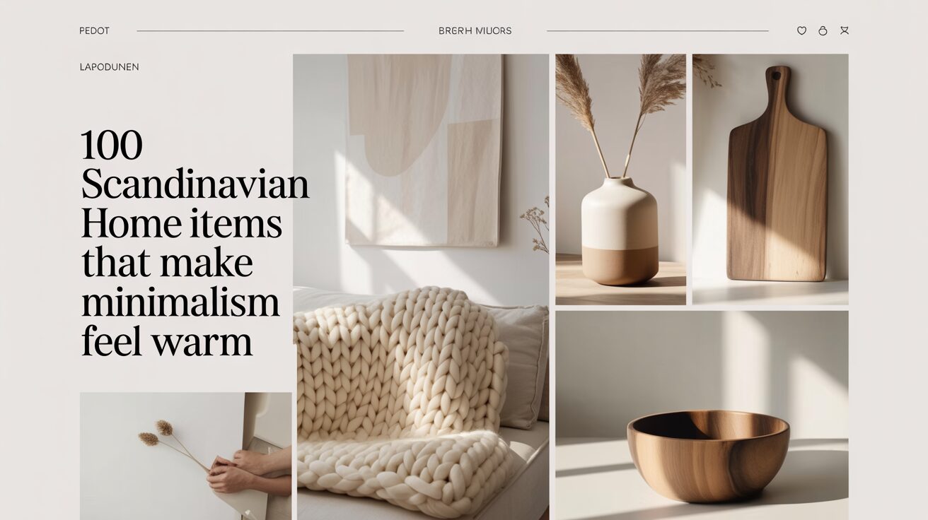 Scandinavian-inspired magazine cover: abstract art, ceramics, wood accents, cozy knit in warm neutrals. Headline: 100 cozy minimalist finds.