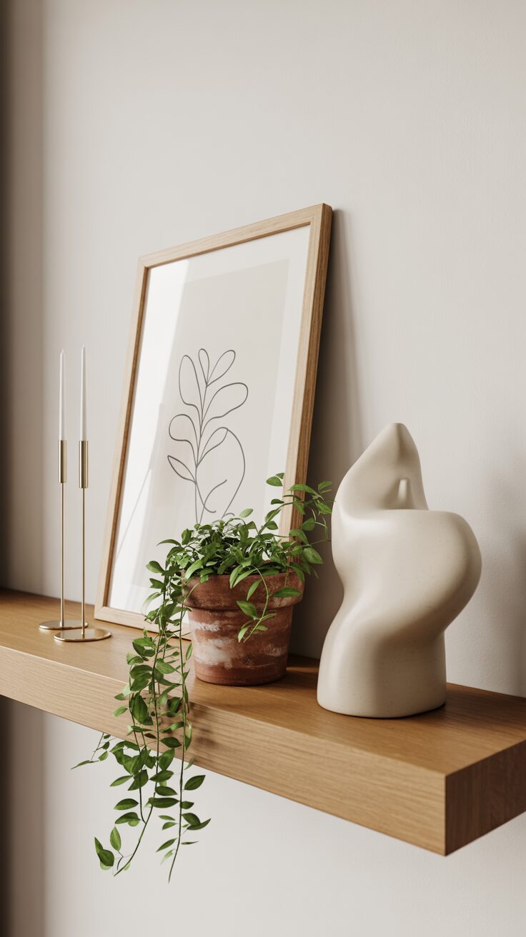 On a wooden shelf, a smartphone photo, framed Scandinavian line art, vine in terracotta pot, tall candles, and white ceramic piece stand out against a pale wall.