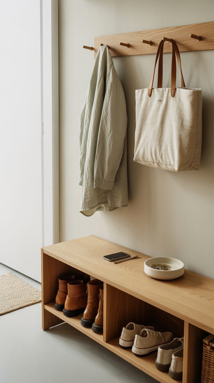 A Scandinavian-inspired entryway displays a wooden bench with shoes and essentials, while sunlight highlights a jacket and tote on hooks.