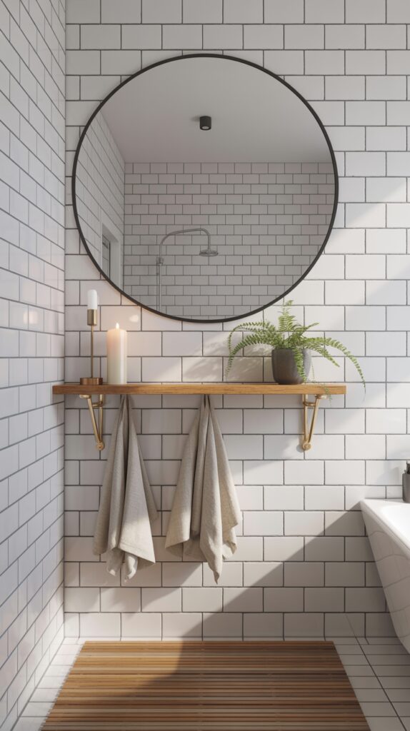 Scandinavian-style bathroom featuring crisp white tiles, round mirror, wood accents, candles, foliage, towels, and a wooden bath mat.