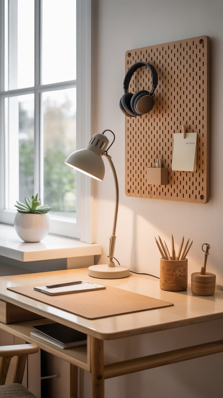 By the window, a sleek desk in wood and beige hosts a lamp, plant, pegboard, and smartphone for cozy Scandinavian style.