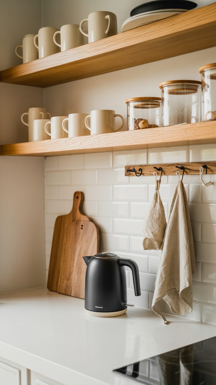 A sleek kitchen shows a black kettle, wooden boards, dish towels, and shelves with cream mugs and cookie jars above the counter.