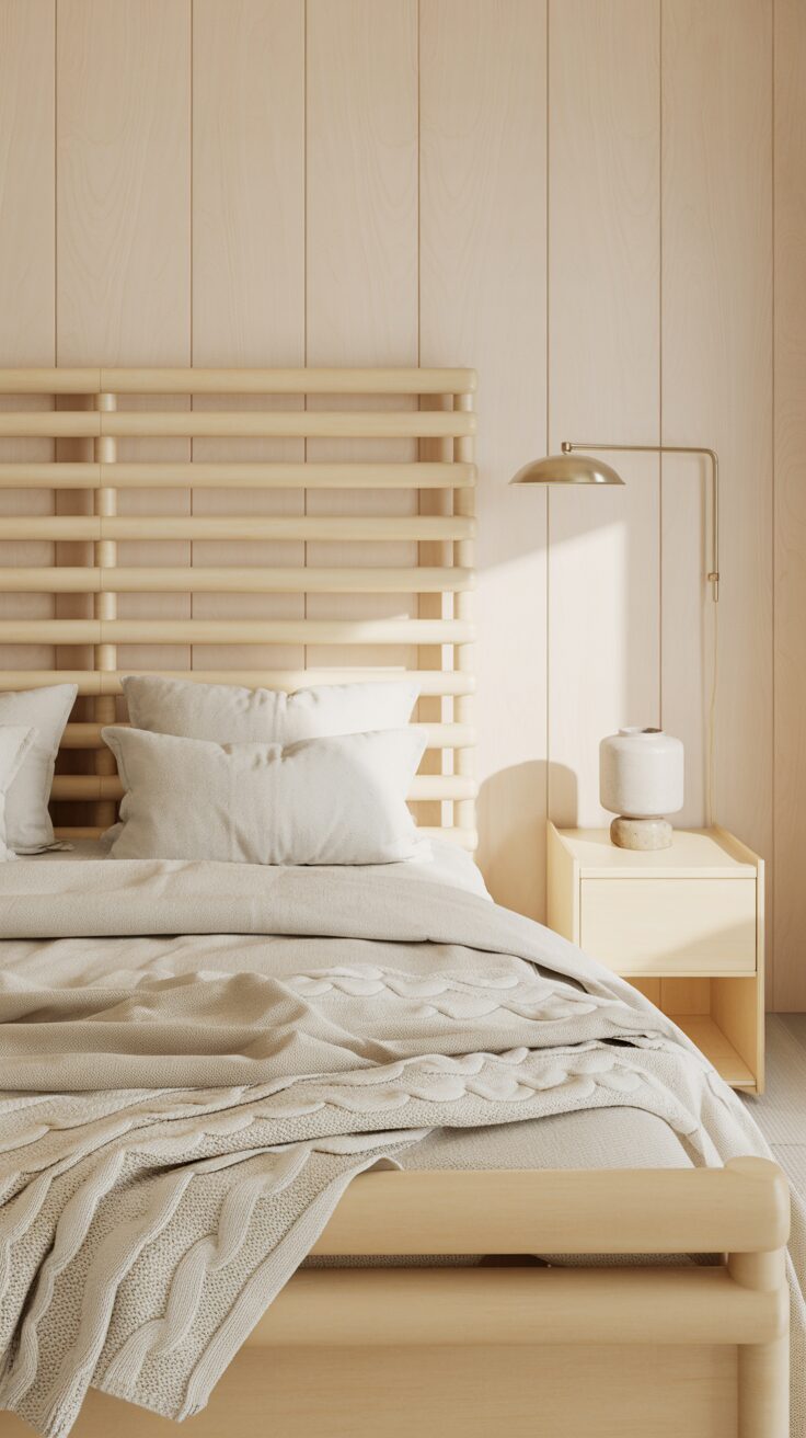 A smartphone snapshot features a Scandinavian minimalist bedroom with pale wood, sleek bedding, and gentle daylight filtering in.