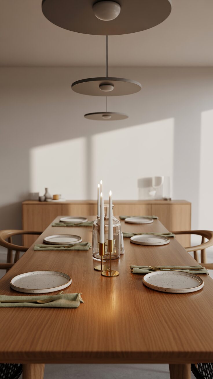 Experience a sleek Scandinavian dining area: six-seat wood table, green napkins, white plates, and an elegant gold candle holder.