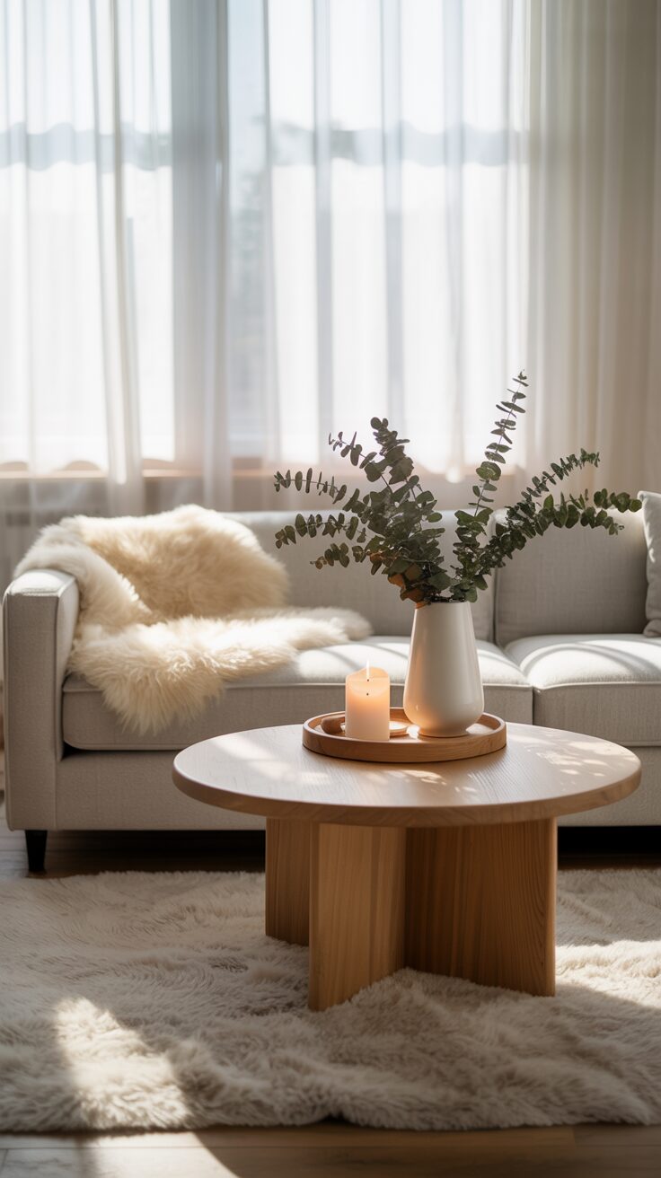 A bright smartphone photo shows a snug Scandinavian lounge, gray couch, white blanket, wood table with candle and green decor in sunlight.
