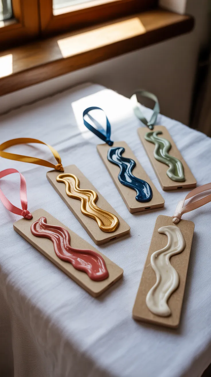 Five number “1” bookmarks in wavy pink, yellow, blue, green, and white patterns with ribbons rest on a sunlit white cloth.