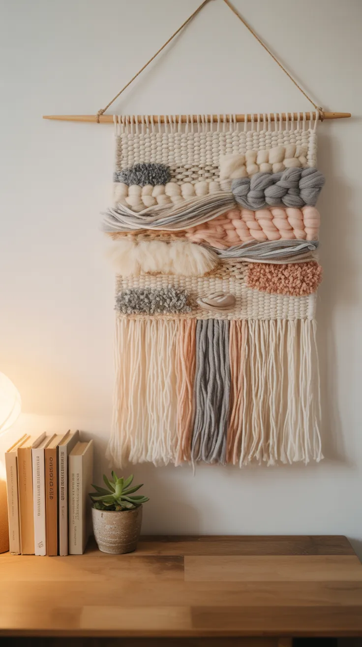 A woven wall hanging in soft cream, gray, peach, and blush hangs on a wooden rod above a desk with books and a potted succulent.
