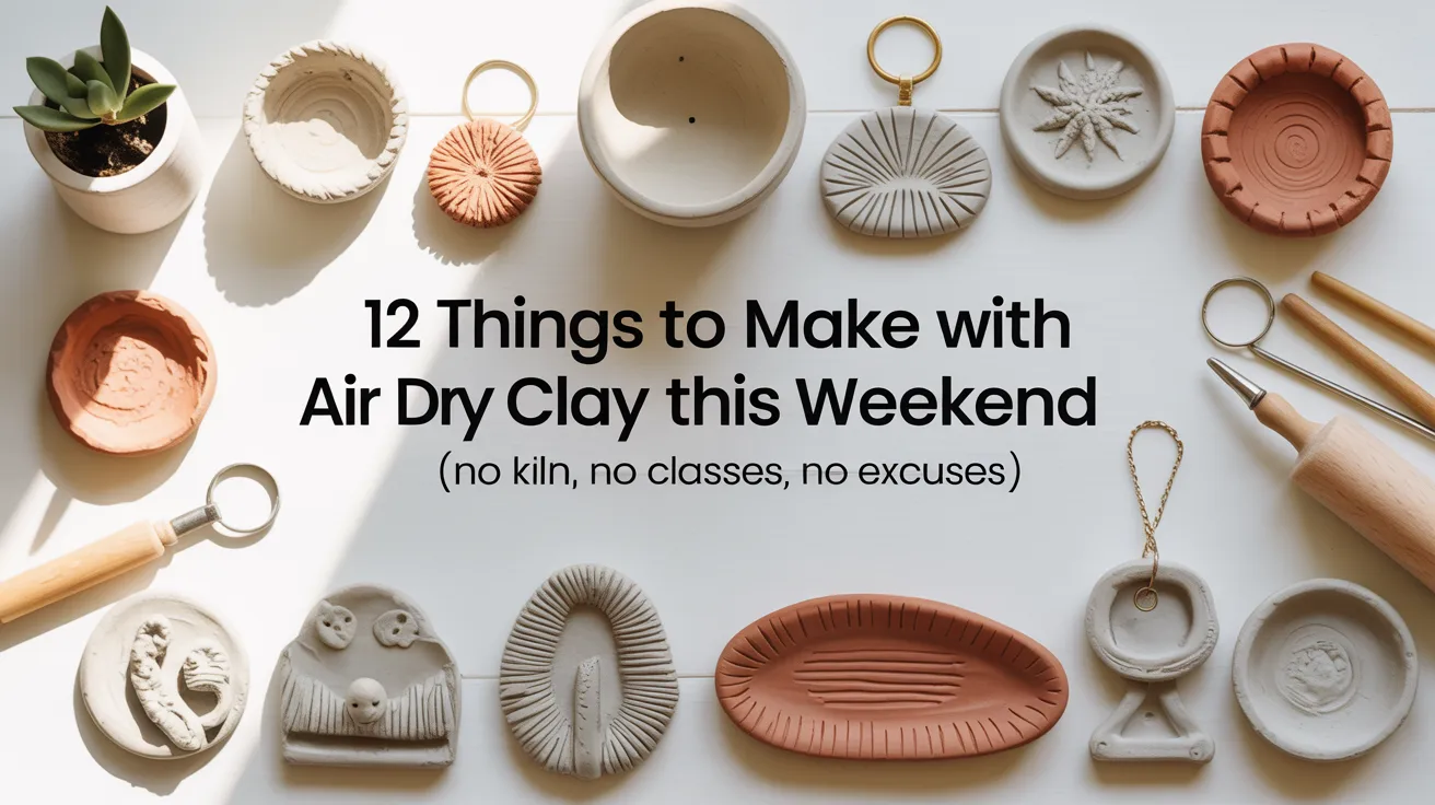 A variety of handmade air dry clay crafts—trays, keychains, ornaments—laid out on white, with “12 things to make” at center.