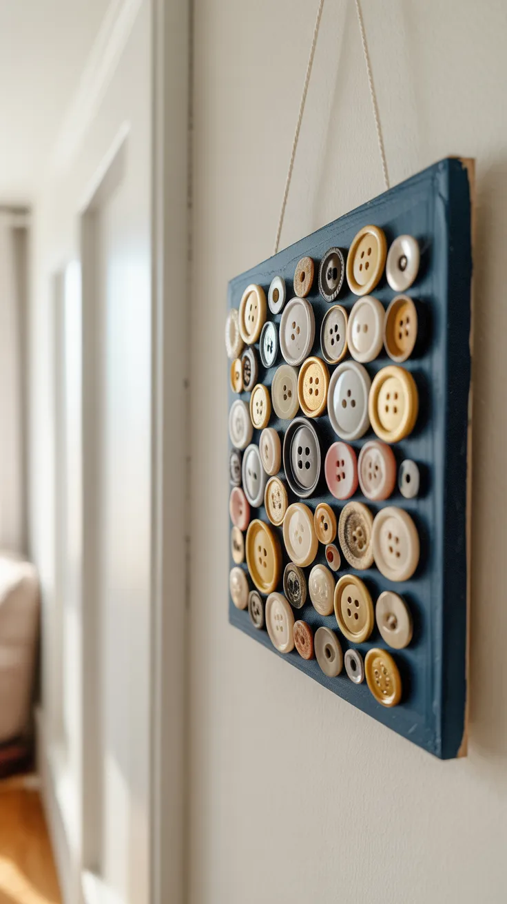 A vibrant blue wall-mounted board showcases a textured art piece made from assorted colorful buttons in different sizes and shapes.