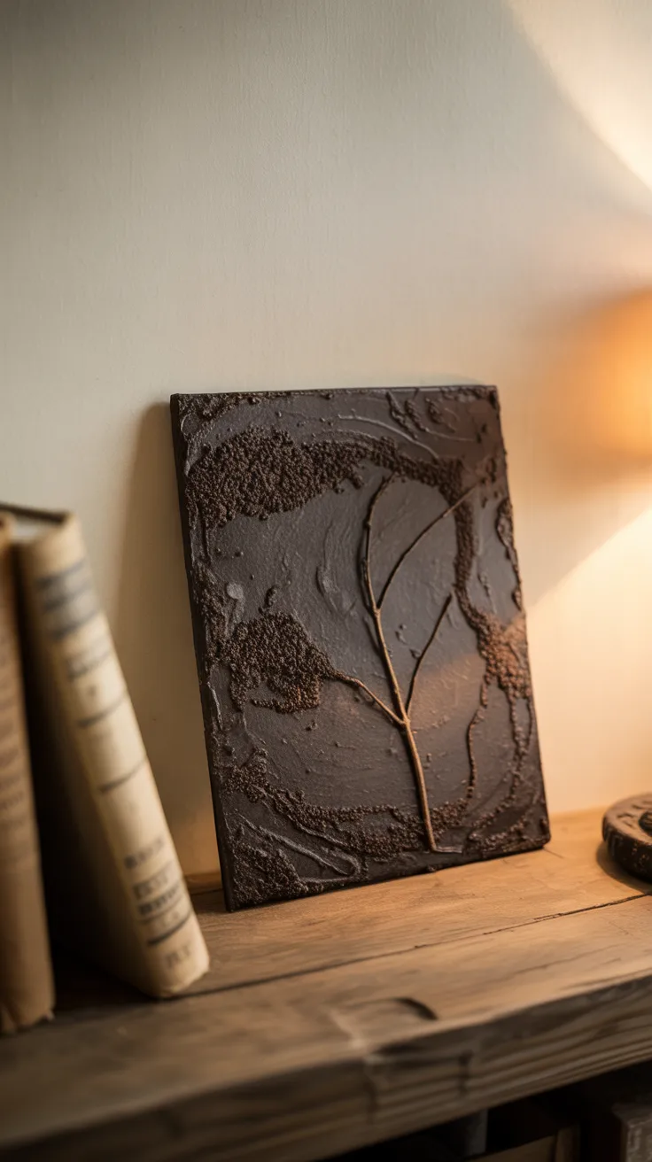 A textured tree branch print titled “2” rests on a wood shelf with old books, gently illuminated by the glow of a warm lamp.