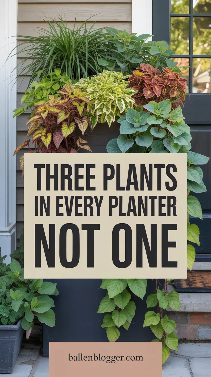 The tall planters from section four are 24 inches high and designed to hold substantial planting. Do not fill them with a single specimen. Plant a combination of three elements per planter: one tall ornamental grass as the thriller, one medium trailing plant as the filler, and one low-growing plant that covers the soil as the spiller. This is the standard thriller-filler-spiller combination that designers use in every container planting, and it is the difference between a planter that looks planted and one that looks furnished.