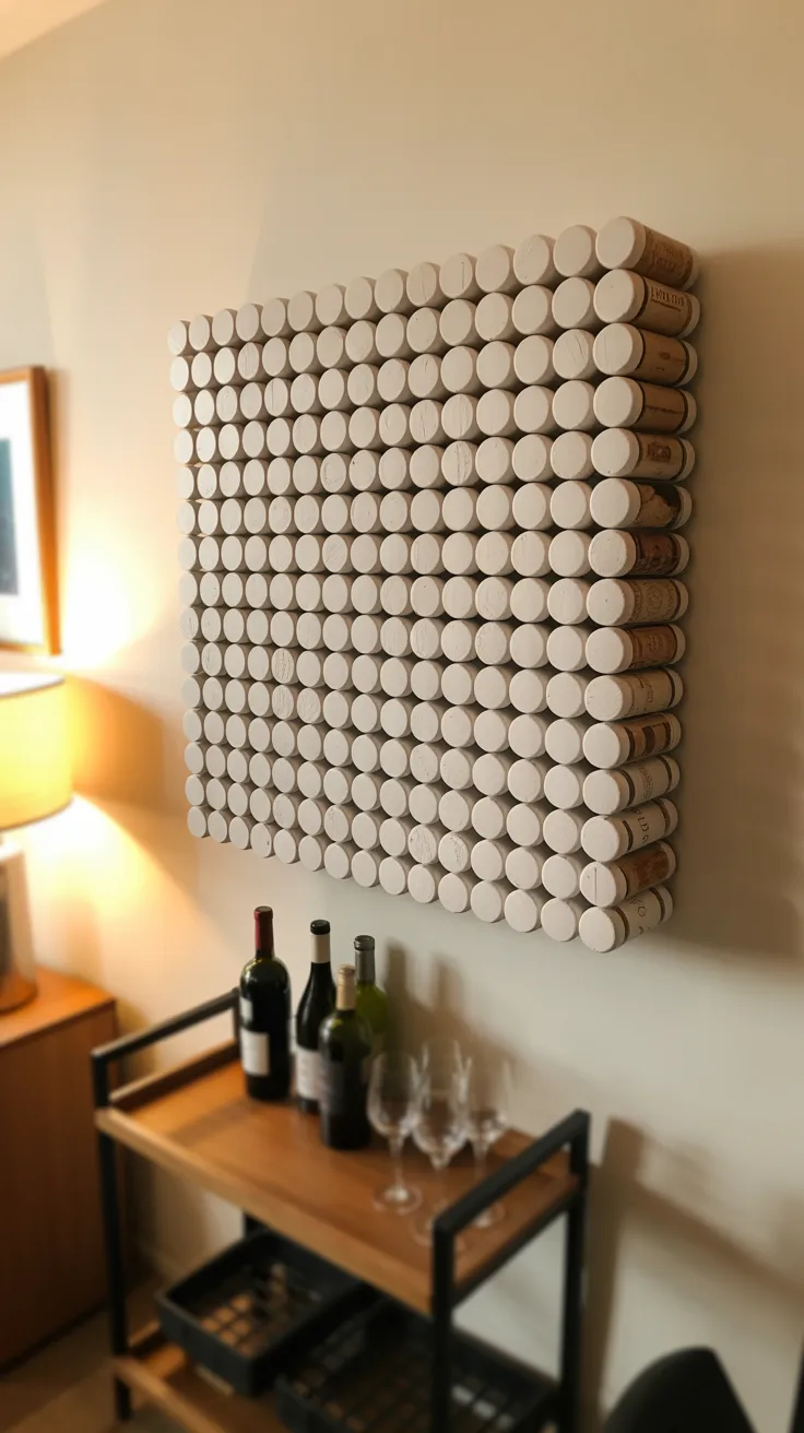 A grid of wine corks forms "The 3" above a bar cart stocked with bottles and glasses, lending warmth to a snug space.