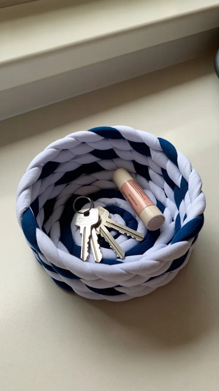 A compact, blue-and-white striped basket sits on a white windowsill, storing keys and lip balm in style.