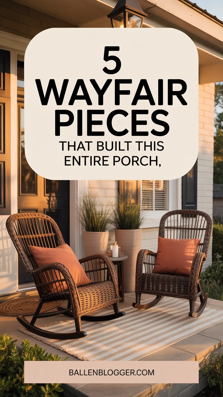 Transform your porch with five stylish Wayfair finds: wicker chairs, plush cushions, a sleek table, and lush potted plants.