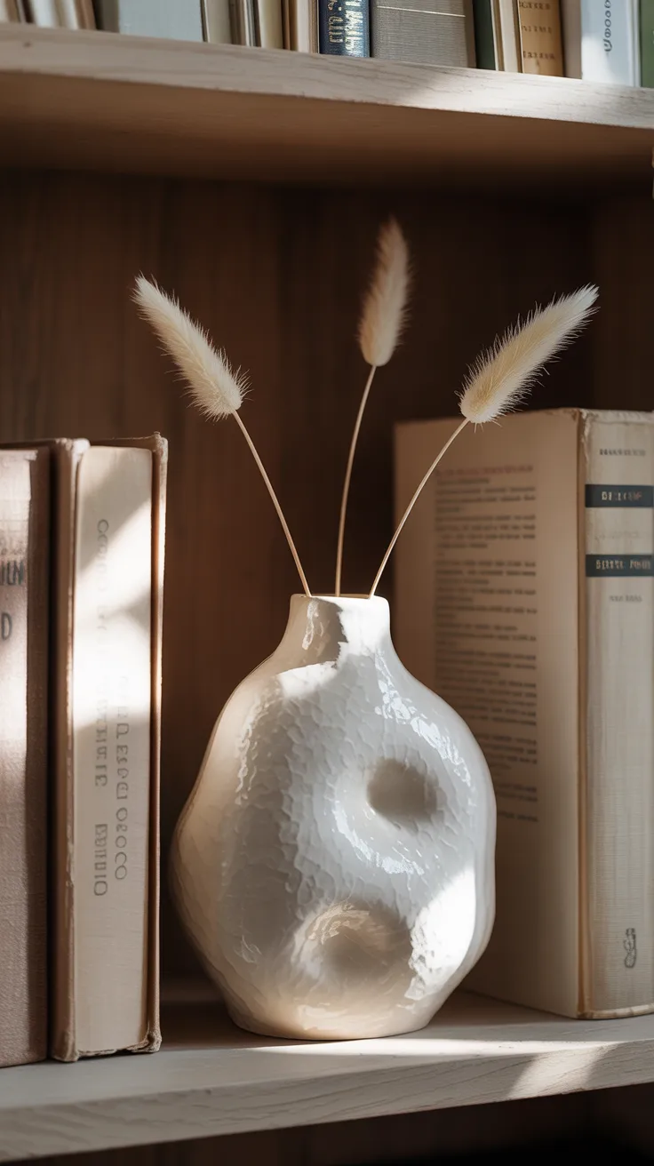 A white textured 5 ceramic vase with three dried bunny tails sits on a wooden shelf between rows of standing and leaning books.