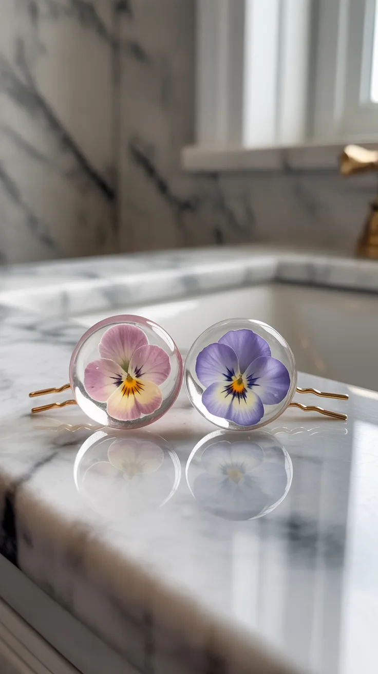 Two gold hairpins with round, clear resin and pink and purple pansies rest on a marble counter by a gold faucet in a sunny bathroom.