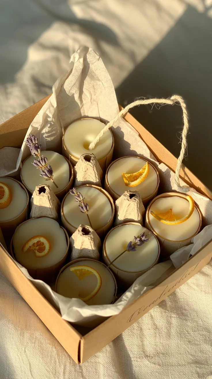 Twelve artisan "7" candles with dried lavender or orange slices rest in a box, sunlight casting gentle shadows over crinkled paper.