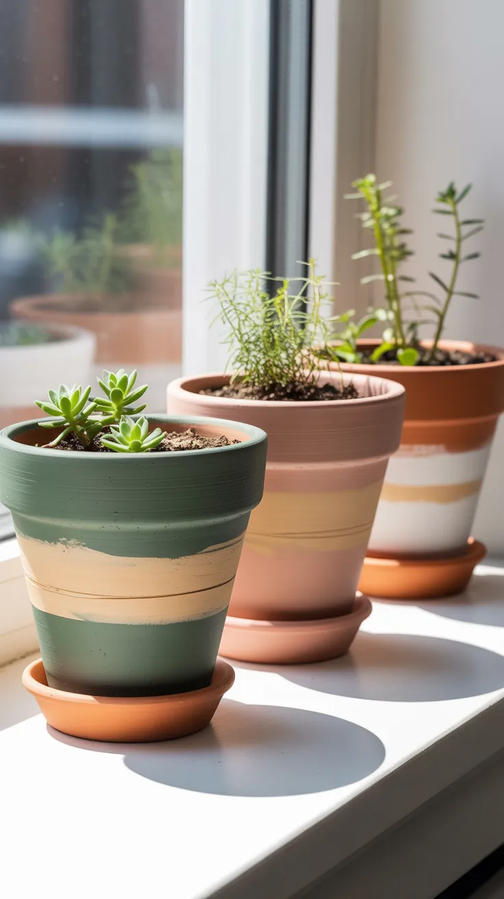 Three small "8" plants in striped pastel pots bask in sunlight atop a windowsill, casting gentle shadows on lush leaves.
