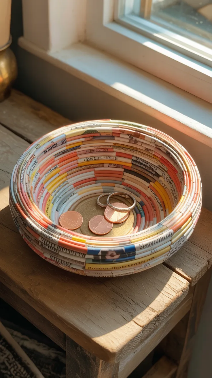 A colorful bowl of rolled magazine strips rests on a sunlit wooden table, storing coins and rings near a bright window.