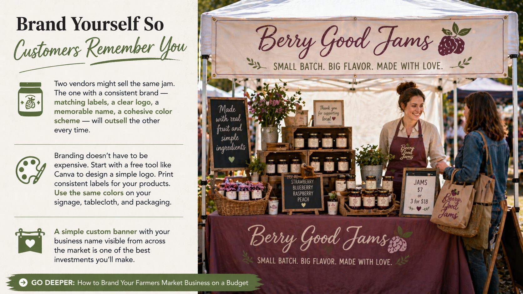 At a farmers market, Berry Good Jams are neatly arranged with matching signage as two upbeat vendors use Brand Yourself tips.