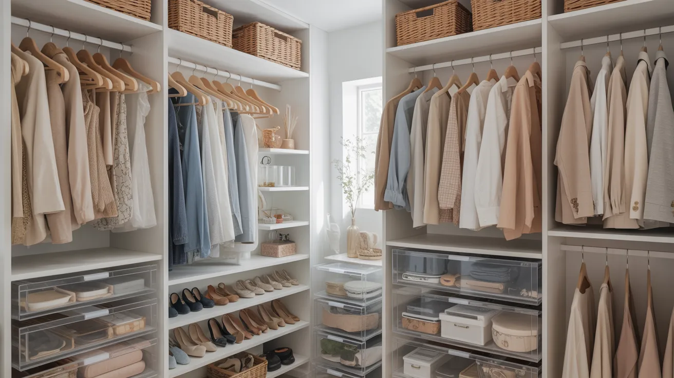 Step into a bright walk-in closet with sorted shelves, light-hued clothing on hangers, baskets, and tidy clear storage boxes.